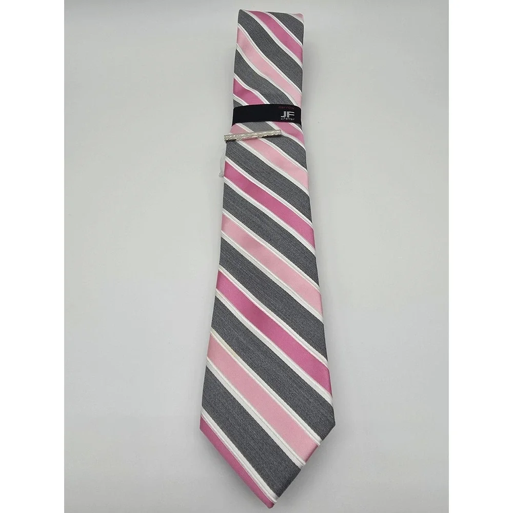JF J. Ferrar Men's Polyester Pink White Gray Stripped Tie 58